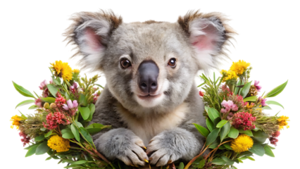 Adorable koala bear peeking through a vibrant arrangement of colorful flowers and greenery, isolated on transparent background