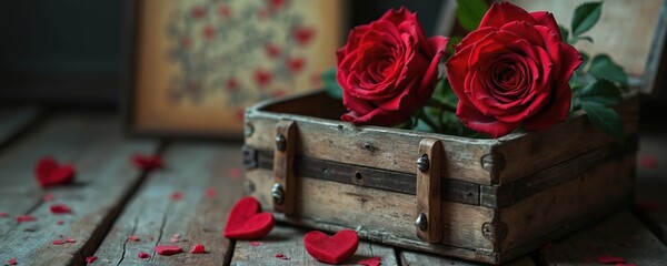 Two red roses rest in worn wood box. Heart shapes scatter across rustic surface. Flowers symbolize love passion romance celebration valentines day. Old chest with hearts is symbol of love.
