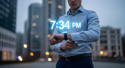 A professional man in business attire checking his smartwatch in an urban setting during the evening with a digital clock overlay showing 7:34 PM