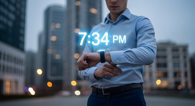 A professional man in business attire checking his smartwatch in an urban setting during the evening with a digital clock overlay showing 7:34 PM