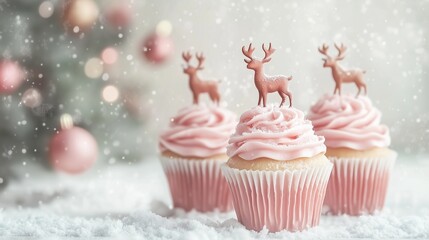 Festive cupcakes with pink frosting and chocolate reindeer decorations surrounded by snow and Christmas ornaments