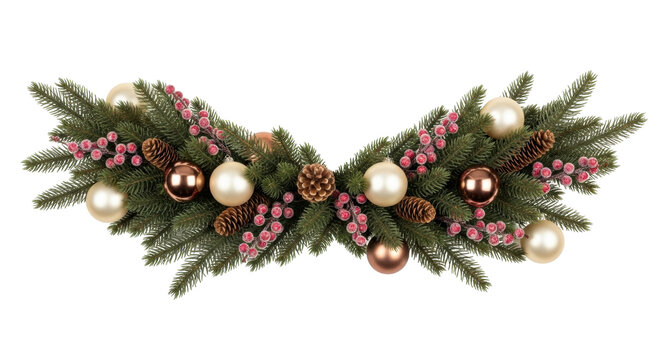 Isolated Christmas fir garland with gold ornaments, cones, and berries for holiday decoration