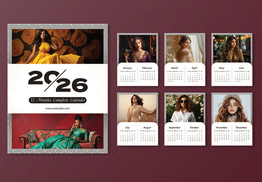 Editable 2026 Yearly Calendar Template Set with Various Female Models in Formal and Traditional Outfits. 
