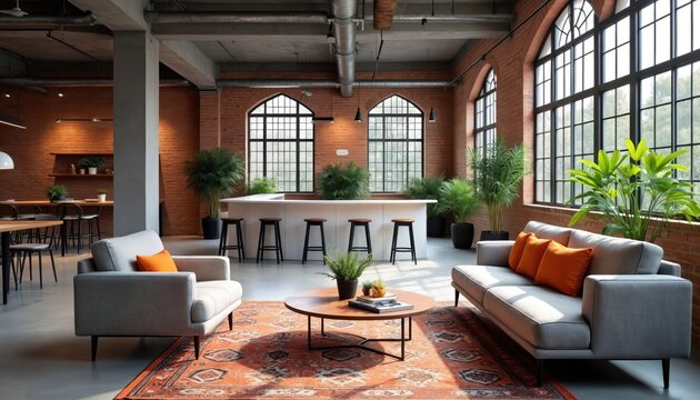 Modern loft coworking space with brick walls and large windows. Industrial design with comfortable seating areas, bar, and plants. Bright and airy atmosphere for creative work or relaxation.