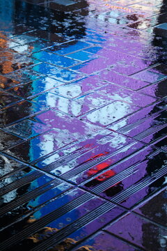 Neon Glow Reflected on a Rainy Road