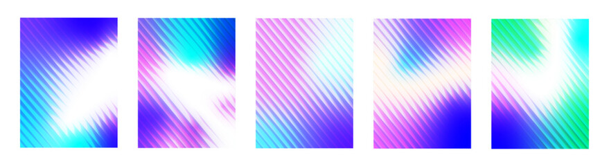 Set of blue cyan purple color gradient with trendy stripped glass effect texture background for poster, banner, wallpaper, presentation. Vector graphic elements.	