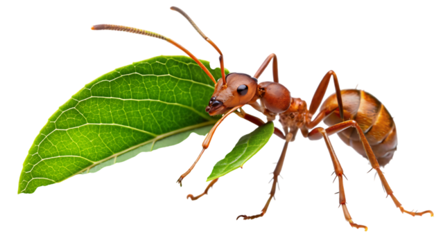 A closeup, detailed studio shot of a single red ant carrying a vibrant green leaf in its mandibles, isolated on a clean transparent background, showcasing its intricate anatomy and determination