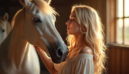 Blonde woman gently strokes white horse in barn. Sun shines through window creating warm light. Woman expresses affection for animal. Bond, trust, and care between human and equine. Peaceful scene.