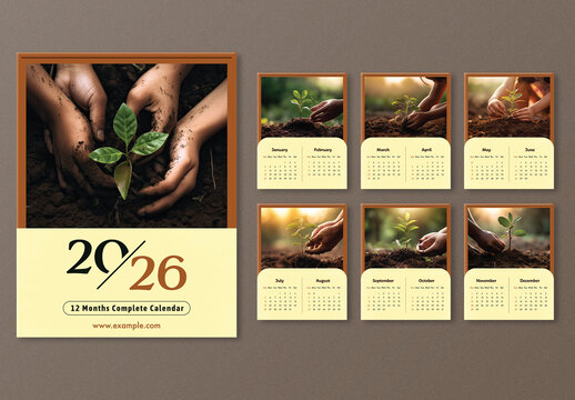 Editable 2026 Yearly Calendar Template Set with Hands Planting Saplings Photos.