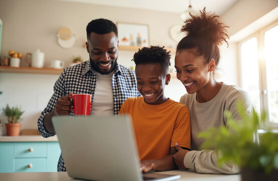 Smiling Black family uses laptop in kitchen. Son, mother, father share screen time together at home. Dad holds red mug, watching happy son surf web.