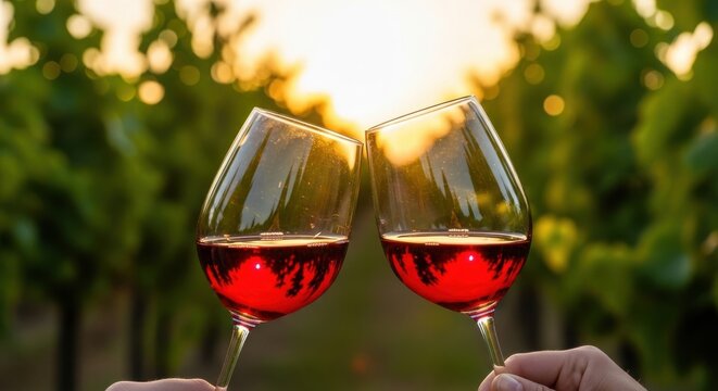 Joyful hands clinking elegant red wine glasses together, celebrating romance in a picturesque vineyard during a beautiful golden sunset.