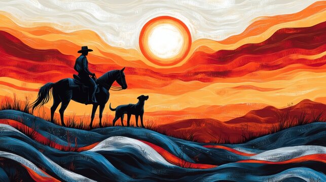 Textured illustration of a lone cowboy on horseback with his dog, silhouetted against a vibrant red and orange sunset over rolling hills; a western landscape art piece.