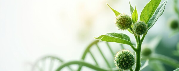 Green plant with spiky seed pods grows in front of abstract DNA helix structure. Researching plant genetics and biological evolution for new medicine and food.