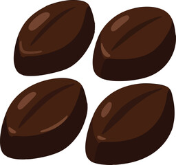 Four dark brown coffee beans isolated on white background