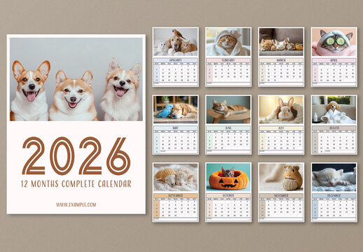Editable 2026 Yearly Calendar Template Set with Cute Pet Animal Photography for Pet Lovers.