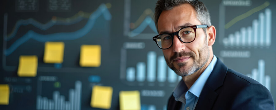 Mature businessman in glasses looks at camera in modern office. Man in suit stands near diagrams and charts on wall. Business professional works in logistics and transportation.