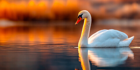 Swan gliding on calm water at sunset. A graceful swan swims serenely on reflective water during a colorful sunset, creating a peaceful natural scene.