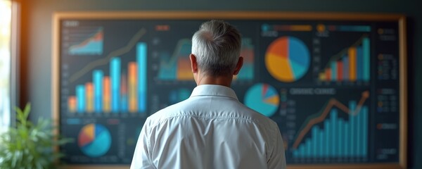 Man in white shirt analyzes graphs charts on board. Businessman studies data trends business growth. Financial expert looks at diagrams about market analysis.