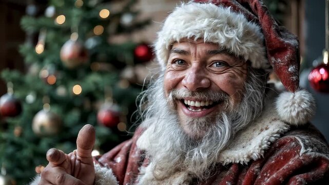 A cheerful and cunning Santa smiles charmingly and winks cheerfully, looking at the camera. Christmas Eve, magic and witchcraft