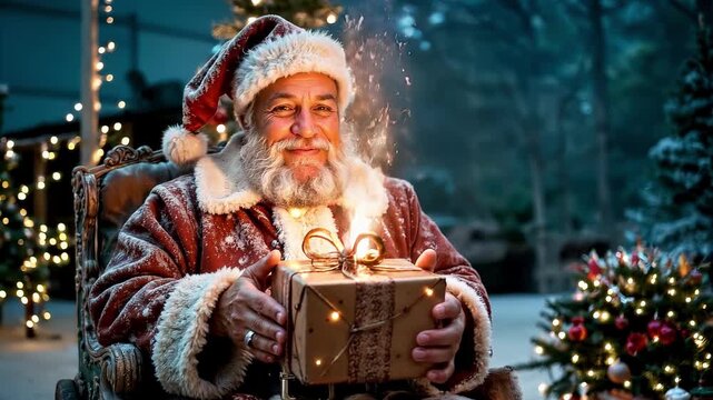 A cheerful and cunning Santa smiles charmingly and winks cheerfully, looking at the camera. Christmas Eve, magic and witchcraft