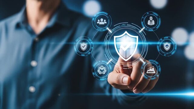 Digital security concept Hand activates a glowing shield icon, symbolizing robust cybersecurity, data protection, and network safety in a modern tech environment