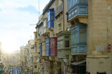 Colorful Balconies on Valletta Limestone Street