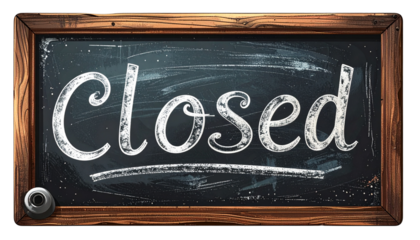 A slate board with “Closed” written in chalk, isolated on a white background, perfect for business, store, or café signage designs.
