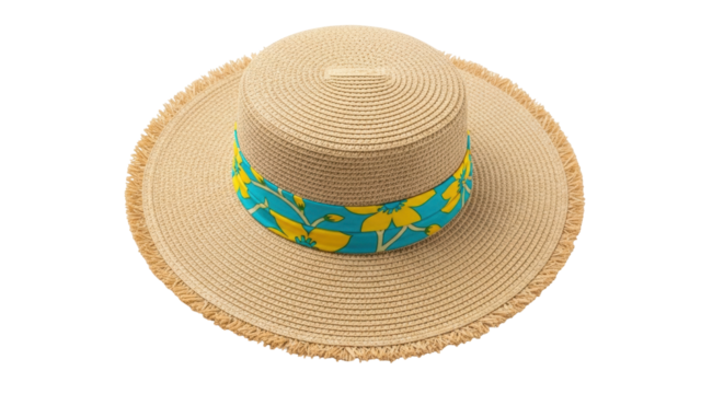 Isolated straw sunhat accessorized with floral-patterned band, fashion summer beach headwear