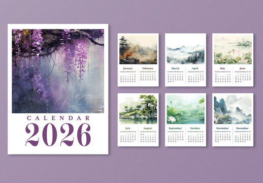 Editable 2026 Yearly Calendar Template Set with Nature Scene Illustration on Purple Background.