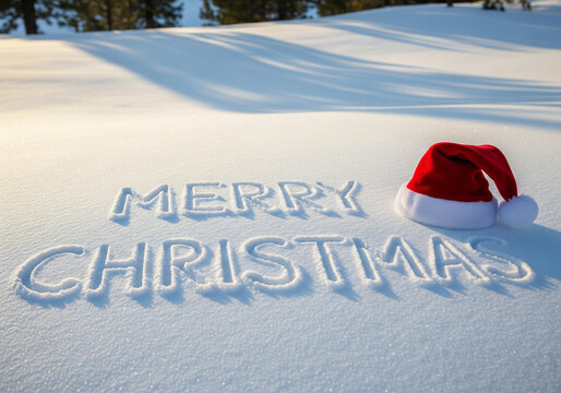 Merry congratulations written in snow next to santa hat in winter scene representing seasonal greetings and holiday spirit in outdoor setting under sun light 200 chars