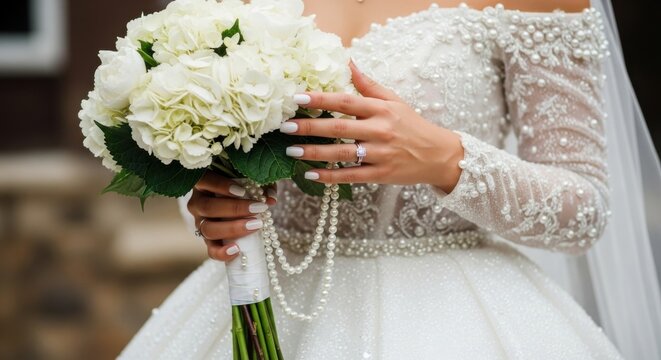 Elegant bride in white gown holds bouquet of white flowers at outdoor wedding ceremony