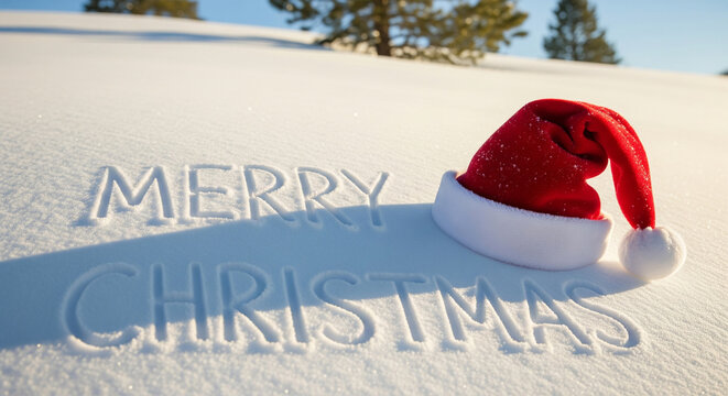 Merry congratulations written in snow next to santa hat in winter scene representing seasonal greetings and holiday spirit in outdoor setting under sun light 200 chars
