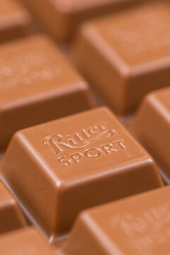 Ritter Sport chocolate bar close-up with company logo in Stuttgart, Germany
