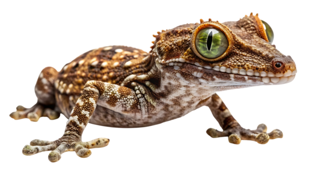 A detailed closeup studio shot of a gargoyle gecko rhacodactylus auriculatus with striking green eyes and textured skin, isolated on a transparent background