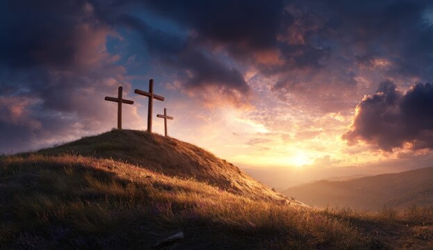 Silhouette of three wooden religious crosses above the hill against a dramatic sky and sunbeams at sunset or sunrise. Religious symbol of good Friday.