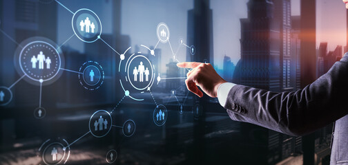 HR Recruitment Structure Global Outsourcing Social network communication concept. Virtual screen