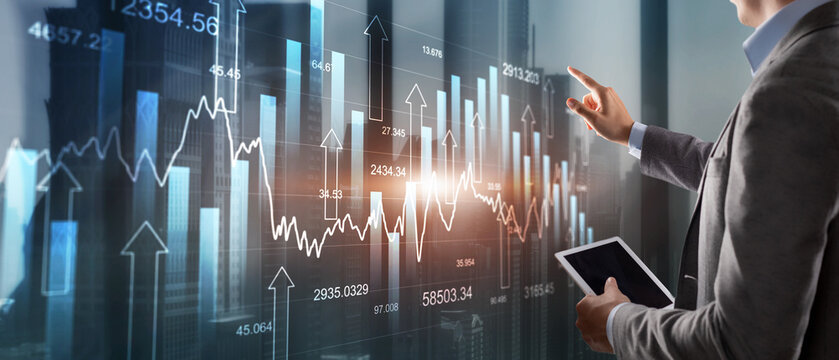 Financial growth graph on virtual screen. Sales increase, marketing strategy concept
