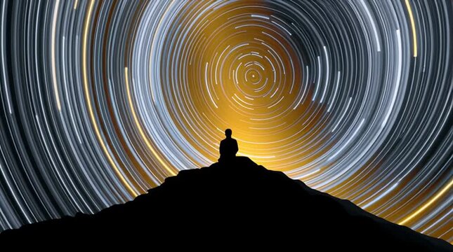 Time-lapse night-sky scene with a swirling vortex of glowing light trails; long-exposure star trails and prism light forming a spiraling center; silhouette of a small climber on a mountain peak; minim