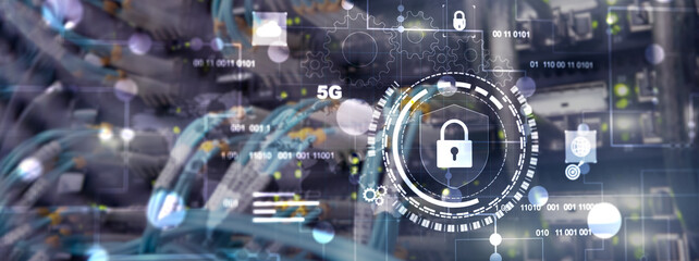 Cyber protection shield icon on server room background. Information Security 2025