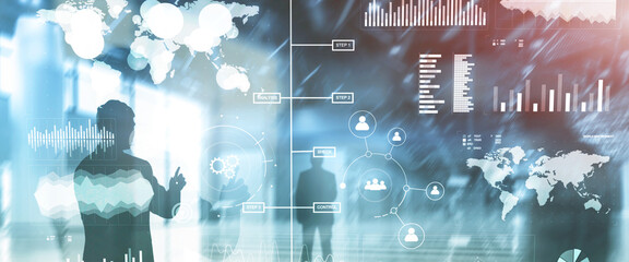 Business dashboard with key performance indicators on a virtual screen city interface