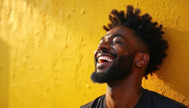 Black man laughs joyfully against vibrant yellow wall. His eyes are closed in mirth, head tilted back. He shows white teeth, full beard, curly hair. Authentic happiness radiating warmth, good vibes.