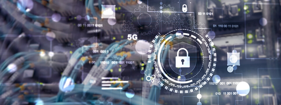 Cyber protection shield icon on server room background. Information Security 2025 - Powered by Adobe