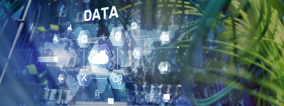 Cloud server and computing, data storage and processing on server background