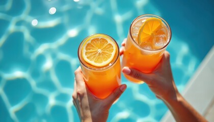 Female hands hold two bright orange drinks with ice cubes, citrus slices. Refreshing cocktails by sparkling blue swimming pool water. Image shows summer holiday, poolside relaxation, sunny day