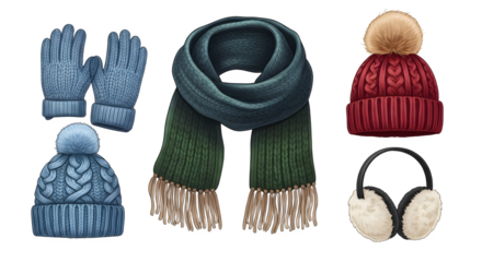 Winter accessories collection isolated on transparent background
