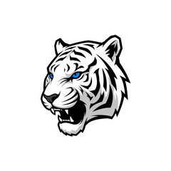 Fierce white tiger head vector mascot illustration with bright blue eyes