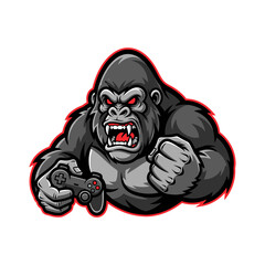 Fierce gorilla mascot holding a gamepad controller, ideal for gaming and esports branding.