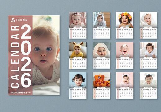 Set of 2026 Yearly Calendar Templates with Cute Baby Photos in Editable Design.