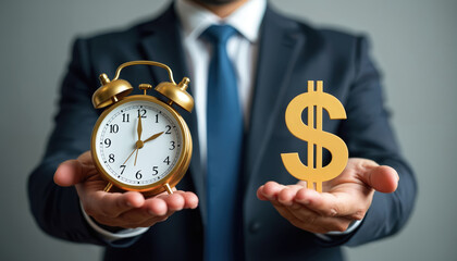 Man holds alarm clock and dollar symbol in hands. Businessman manages time and money balance. Financial concept for success, investment and business growth. Economy development with currency.
