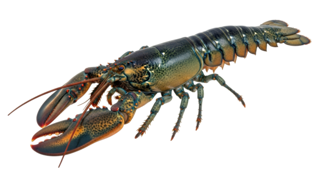 Isolated American Lobster, a large crustacean with claws, antennae, and tail segments